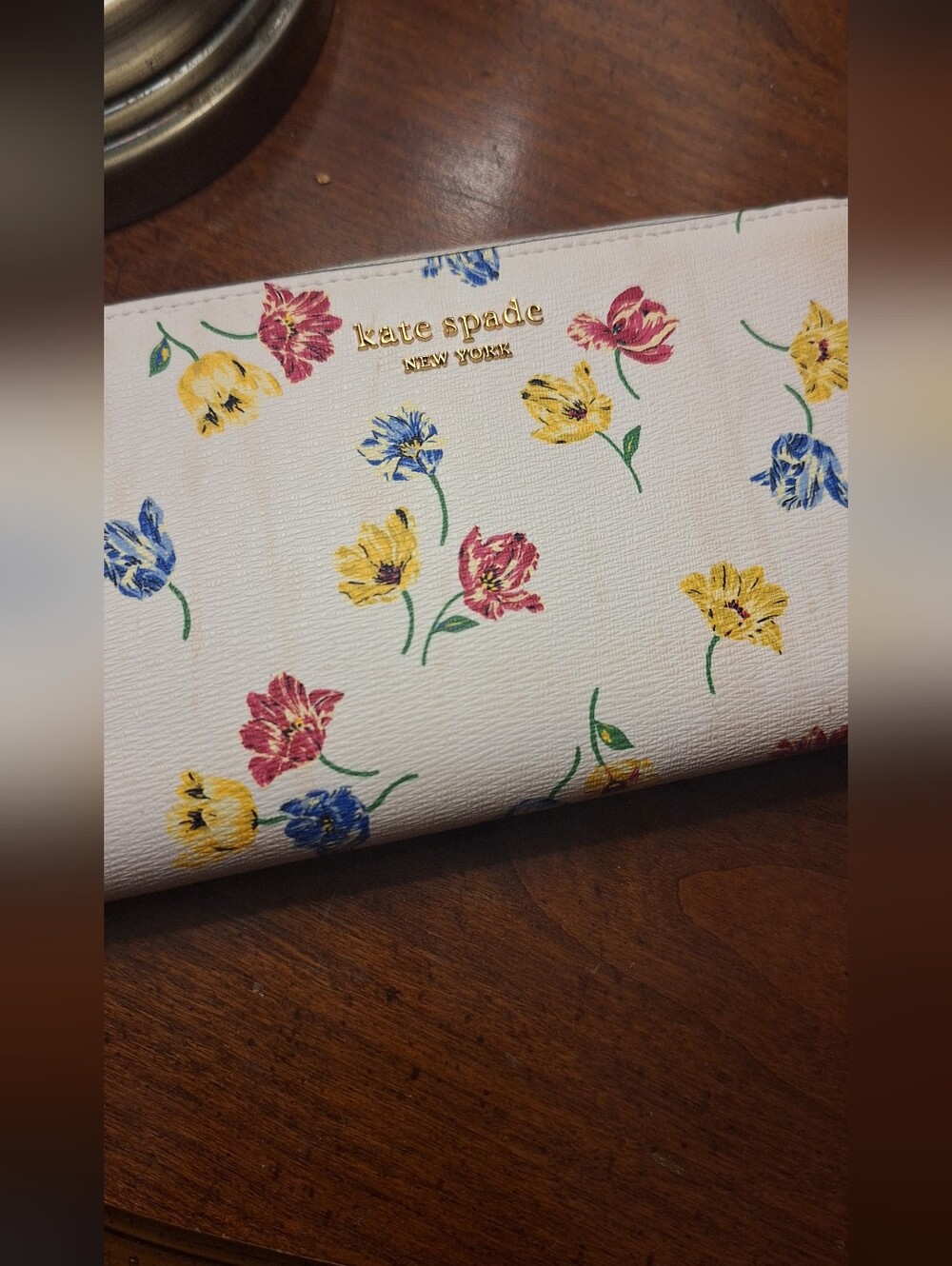 kate spade White Floral Zip Card Wallet with Gold Hardware